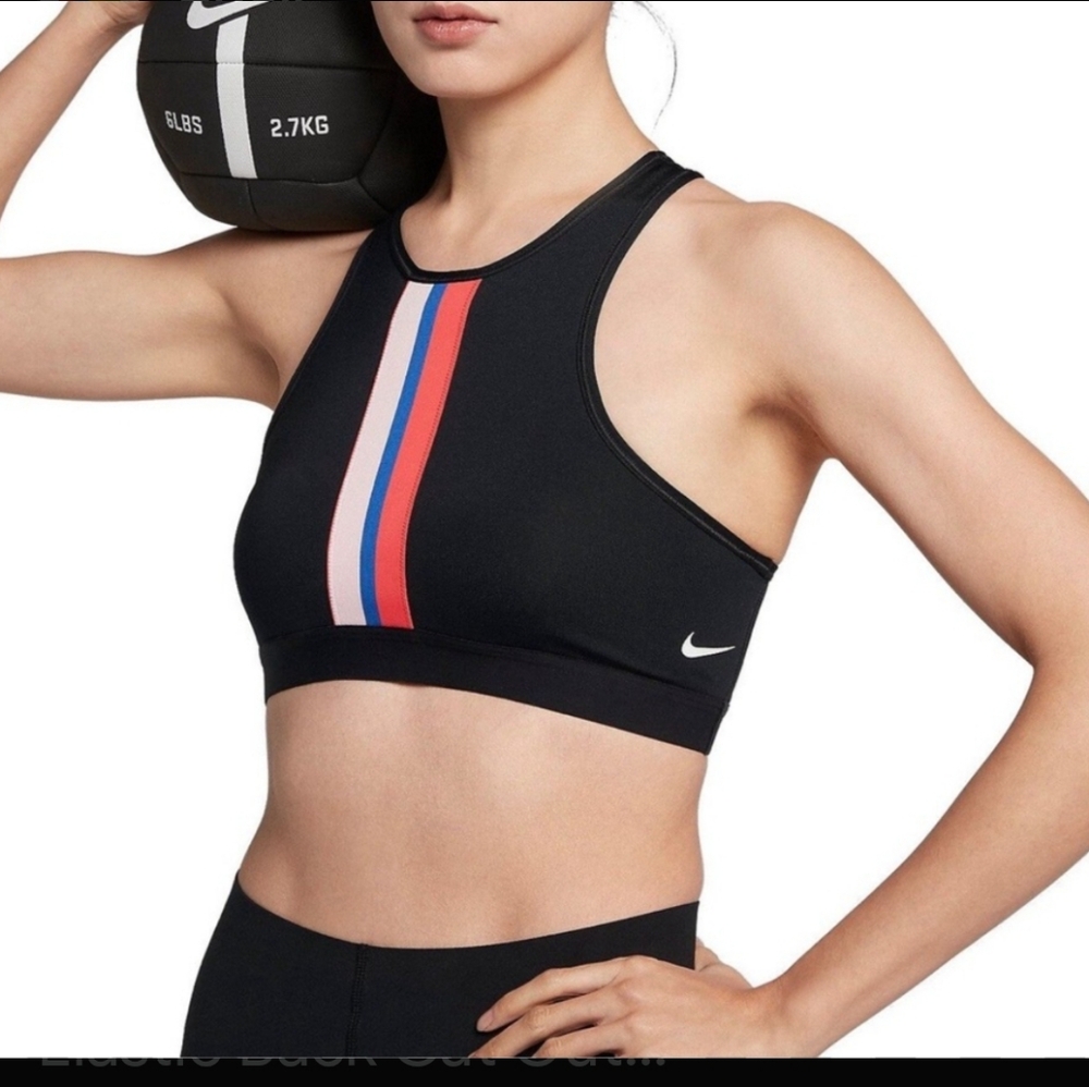 Nike Women's Black Sports Bra with Red and Blue Stripes, Size Small